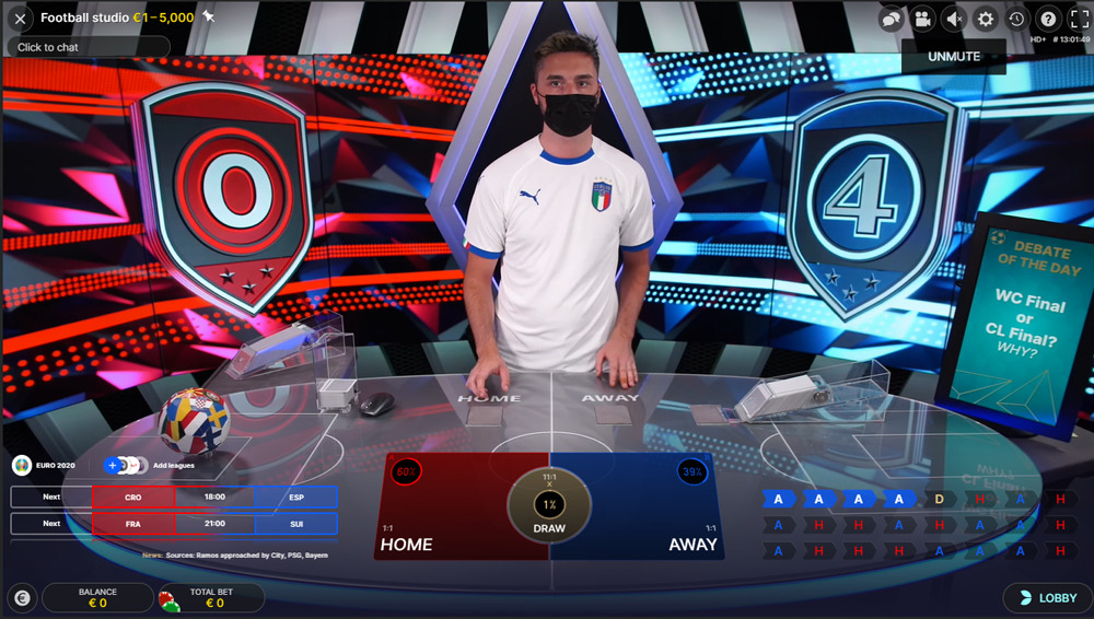 Football Studio is een live spel dat in het teken staat van een voetbalwedstrijd
