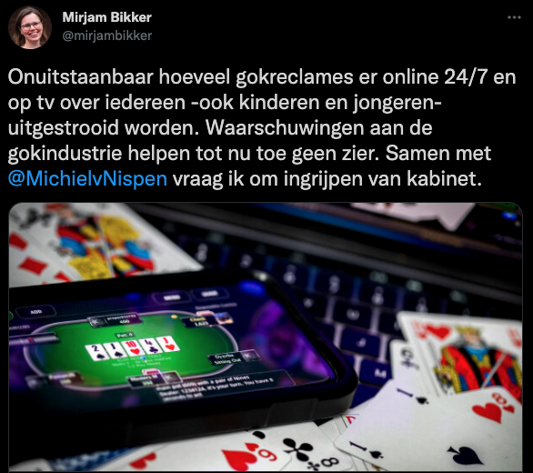 Mirjam Bakker schreef een tweet over de toename van gokreclames
