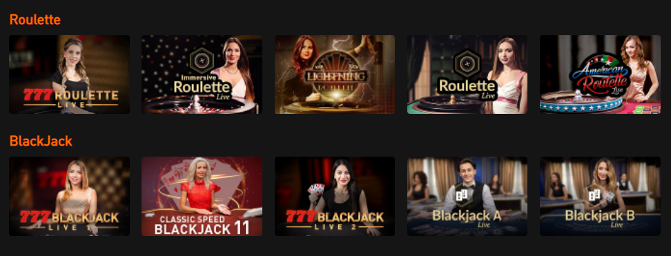 Live casino spellen van 777