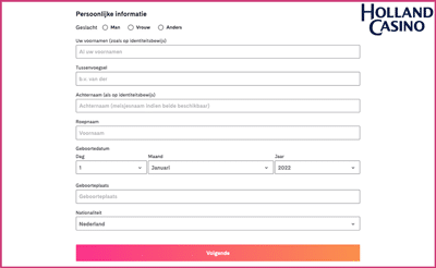 Holland Casino Registratie stap 1